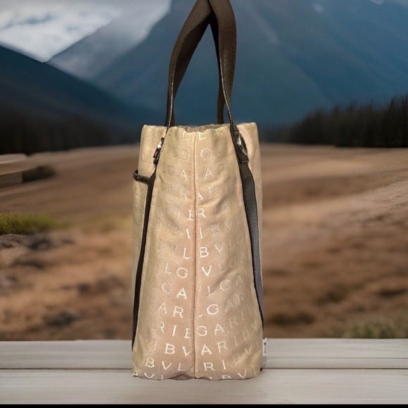 Bvlgari Logo Mania Beige Canvas Brown Leather Tote - Picture 6 of 11